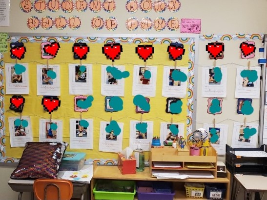 Student Work Hall of Fame bulletin board with a piece of paper for each student